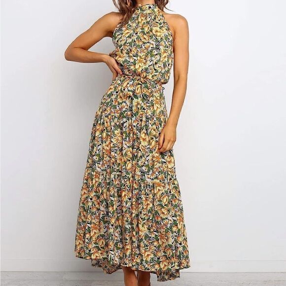 Sleeveless Halter Floral Print Dress - Picture 2 of 5